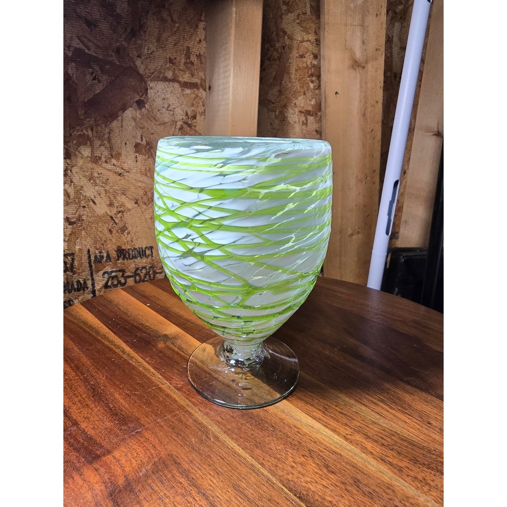 Hand Blown Art Glass Chalice Lime Green White Swirl Pedestal Goblet Vase